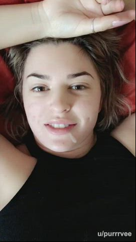 Amateur blonde sperm sperm In Mouth sperm Swallow Eye  Facial Real couple Smile sucking Porn GIF